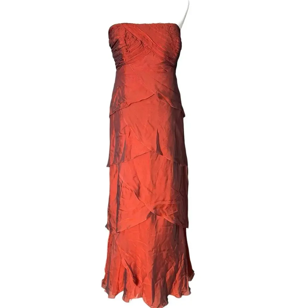 Vtg Shawn Ray Fons Strapless Tiered Ruffle Silk Evening Gown Ruffle Terracotta